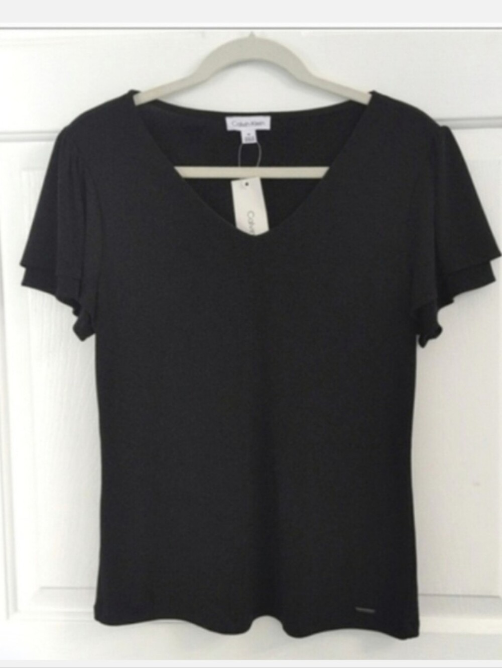 Classic Black Dressy Calvin Klein V-Neck Flutter Sleeve Top Medium - Picture 4 of 10